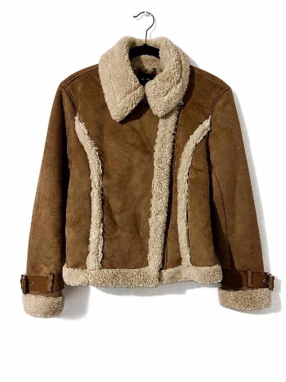 Y2K Express Faux Shearling Trim Brown Moto Jacket - Buckle Detail